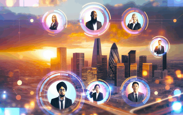 alt_text: A futuristic city skyline showcases AI and cybersecurity, featuring diverse professionals with holograms.