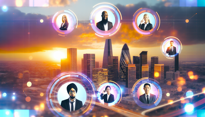alt_text: A futuristic city skyline showcases AI and cybersecurity, featuring diverse professionals with holograms.