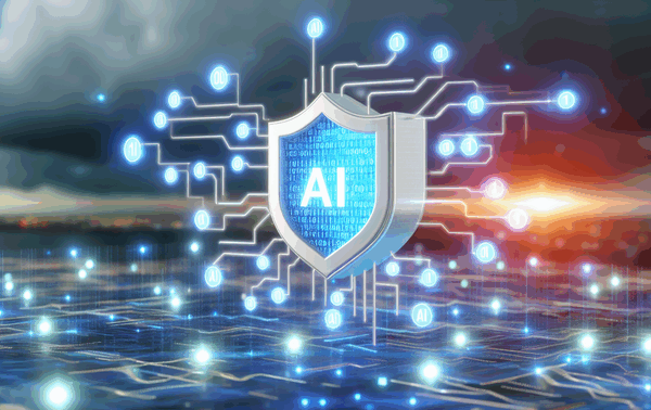 alt_text: Futuristic landscape depicting AI security with a shield symbol, binary code, and glowing circuits.