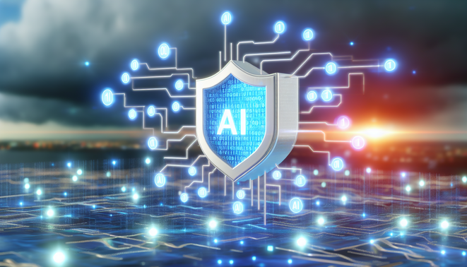 alt_text: Futuristic landscape depicting AI security with a shield symbol, binary code, and glowing circuits.