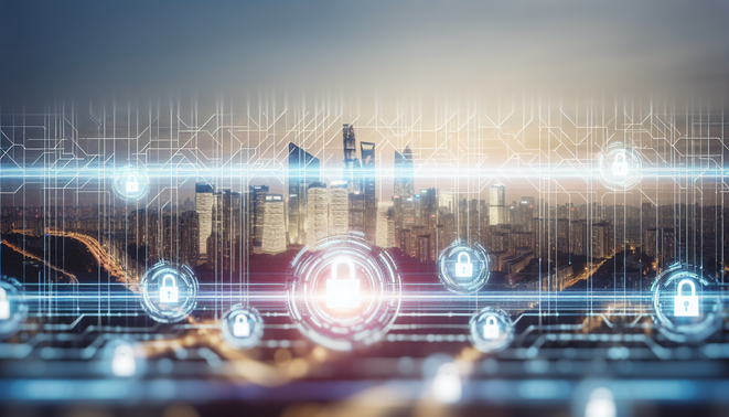 alt_text: Futuristic cover for "Latest AI Security" featuring AI connections, digital locks, and a city skyline.