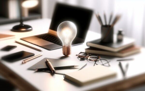 alt_text: Modern desk with a laptop, writing tools, notebooks, and a light bulb, titled "What is the Best AI Writing Tool."