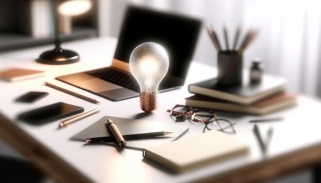alt_text: Modern desk with a laptop, writing tools, notebooks, and a light bulb, titled "What is the Best AI Writing Tool."