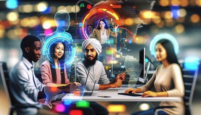 alt_text: "A diverse team collaborates with AI tools in a vibrant digital workspace for innovative content creation."