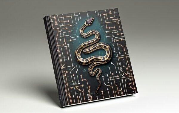 alt_text: A modern book cover featuring a Python snake, circuitry, and binary code, promoting Python and AI.