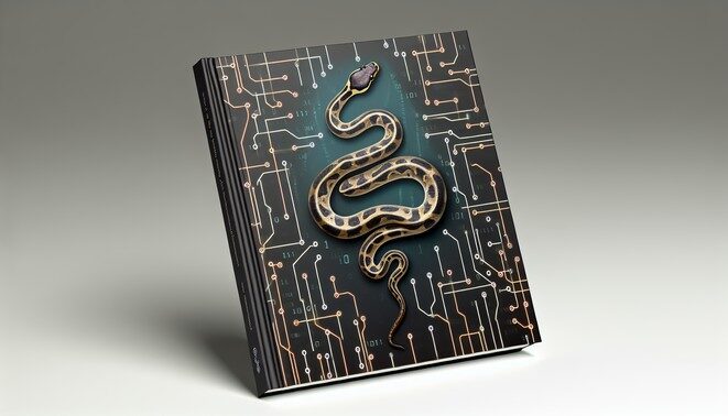 alt_text: A modern book cover featuring a Python snake, circuitry, and binary code, promoting Python and AI.