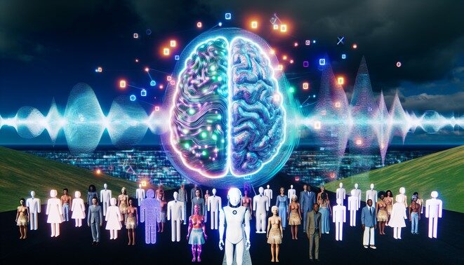 alt_text: Futuristic cover with AI brain, sound waves, diverse avatars, showcasing voice synthesis innovation.