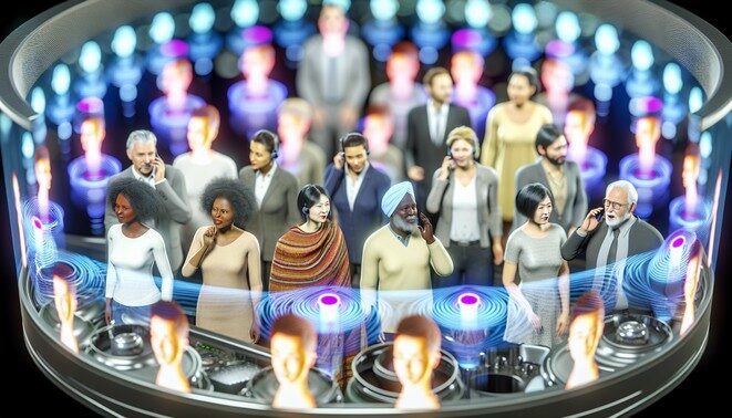 alt_text: Diverse individuals interact with futuristic voice synthesis tech in an inviting, innovative setting.