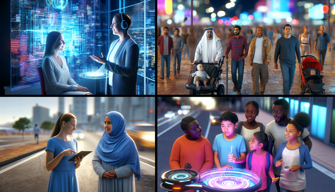 alt_text: A vibrant cityscape showcasing diverse individuals interacting with advanced AI technology, symbolizing the future.