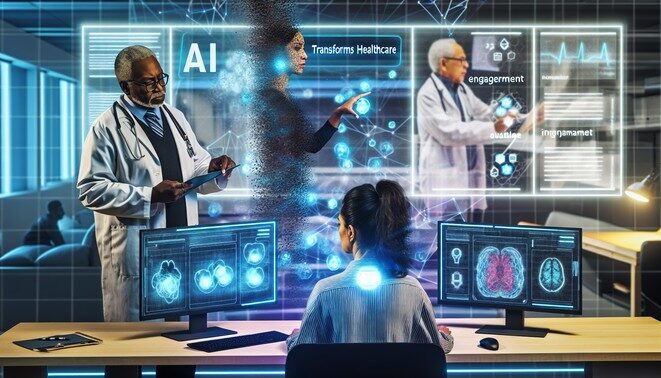 alt_text: "AI transforms healthcare with collaboration, data analytics, and patient engagement for better outcomes."