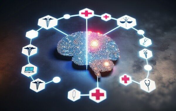 alt_text: An AI brain merges with healthcare symbols, showcasing innovation in MAPD policies and patient care.