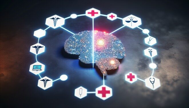 alt_text: An AI brain merges with healthcare symbols, showcasing innovation in MAPD policies and patient care.