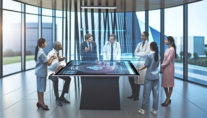 alt_text: Diverse healthcare professionals discuss AI-driven MAPD policies in a modern, innovative setting.