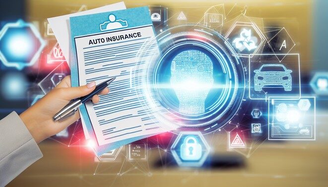 alt_text: A cover blending traditional auto insurance elements with futuristic AI, depicting change in the industry.