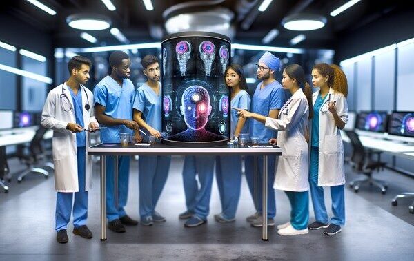 alt_text: Diverse healthcare professionals collaborate with AI technology in a modern, innovative hospital.