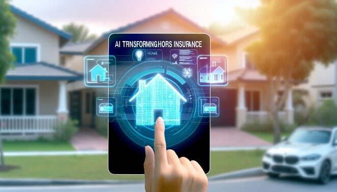 alt_text: AI transforms homeowners insurance with smart homes, data streams, and a secure neighborhood backdrop.