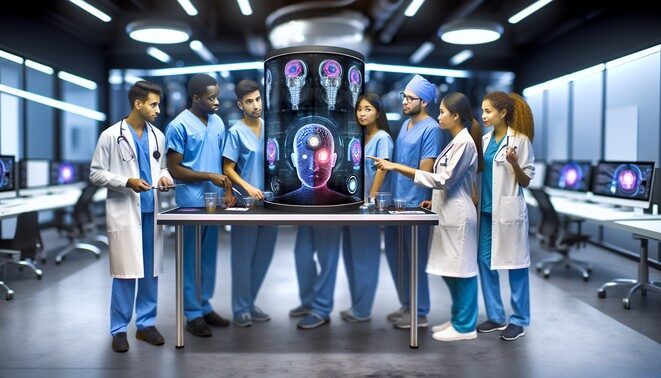 alt_text: Diverse healthcare professionals collaborate with AI technology in a modern, innovative hospital.